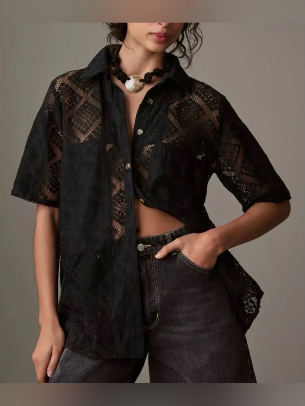 Farm Rio Black Lace Short Sleeve Surf Shirt 100% Cotton Sz M